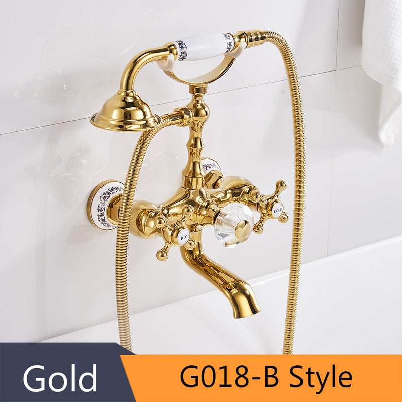 Bathtub Faucets Luxury Gold Brass Bathroom Faucet Mixer Tap Wall Mounted Hand Held Shower Head Kit Shower Faucet Sets HS-G018