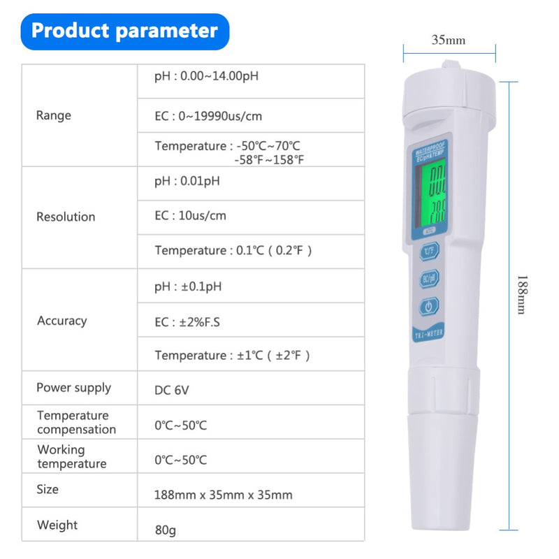 Three-in-one PH-983 EC/PH&TEM Water Quality Tester Pen Backlight Digital Ph Meter&Probe for Aquarium, Swimming Pool, Laboratory