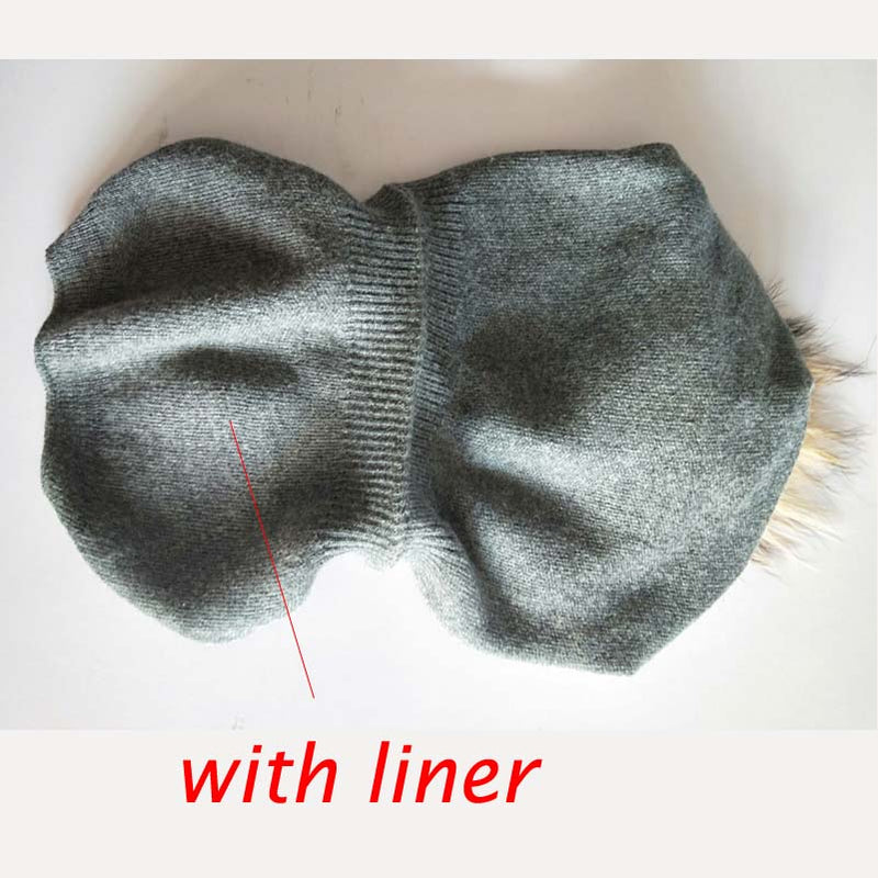 Autumn Winter Pompom Beanie Hat Women Wool Knitted Skullies Beanies Casual Female Cashmere Cap Real Raccoon Fur Pompom Hat