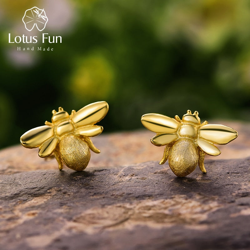 Lotus Fun Real 925 Sterling Silver Bee Earrings Natural Designer Fine Jewelry Cute 18K Gold Honeybee Stud Earrings for Women