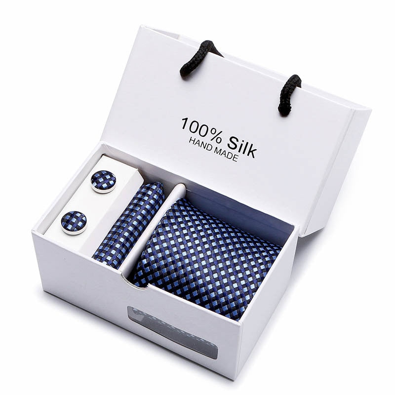 New Design Tie Set With Gift Box Jacquard Woven gravata Silk Tie Hanky Cufflinks Necktie Sets For Wedding Party Men