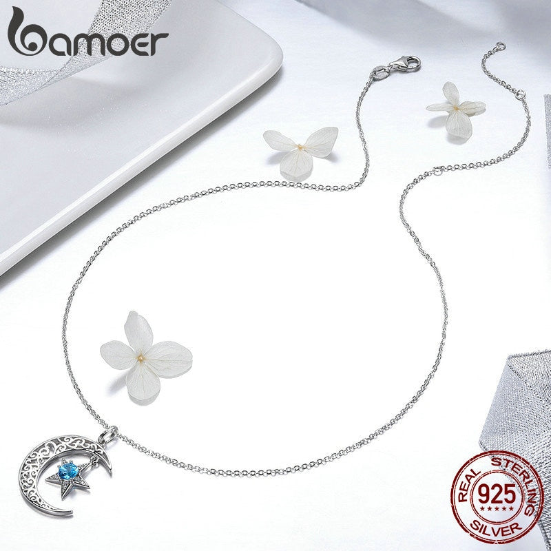 BAMOER, collares románticos de Plata de Ley 925 con luna brillante y estrella, colgantes para mujer, collar de moda, regalo de joyería SCN278