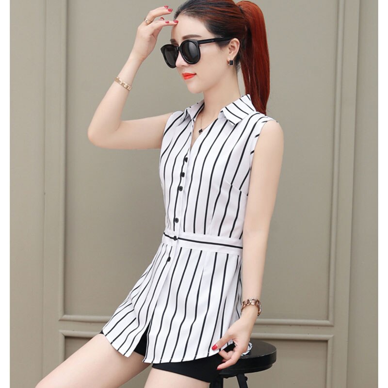 Women Spring Summer Long Style Chiffon Blouses Shirts Lady Casual Sleeveless Striped Turn-down Collar Blusas Tops DF1927