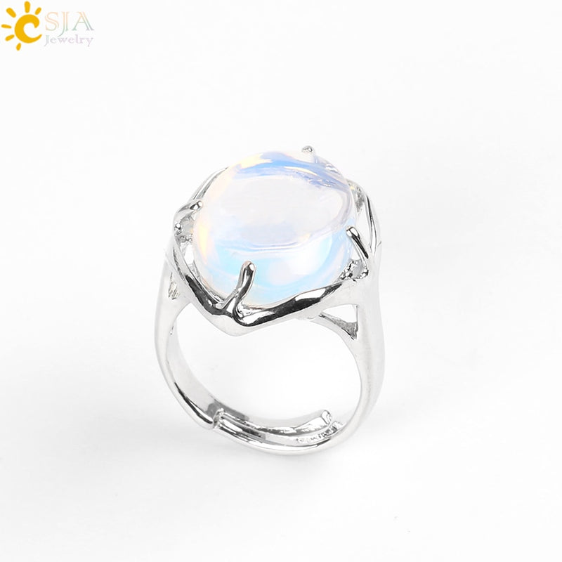 CSJA New Women Finger Rings Oval Natural Stone Cabochon Tiger Eye Opal Unakite Pink Quartz Lapis Lazuli Chakra Wedding Ring E583