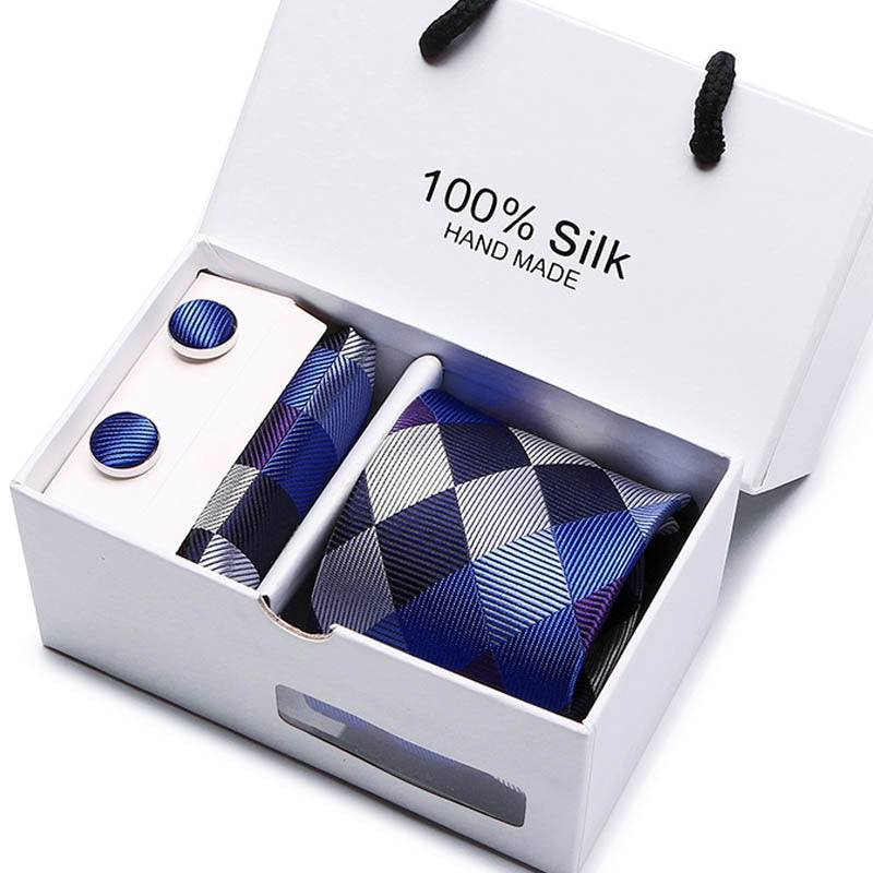 New Design Tie Set With Gift Box Jacquard Woven gravata Silk Tie Hanky Cufflinks Necktie Sets For Wedding Party Men