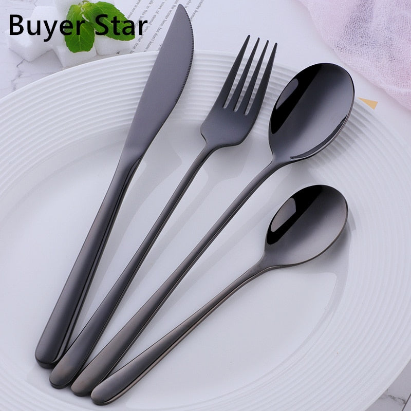 Hot Sale 4 Pcs/Set Tableware Set Stainless Steel Cutlery Long Handle Knife Spoon Fork Sald Spoon Korean Style 8 Colors Flareware