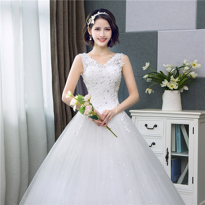 Cheap Korean Style V-Neck Lace Tank Sleeveless Floral Print Ball Gown Wedding Dress 2022 New Fashion Simple estidos de noivas CC