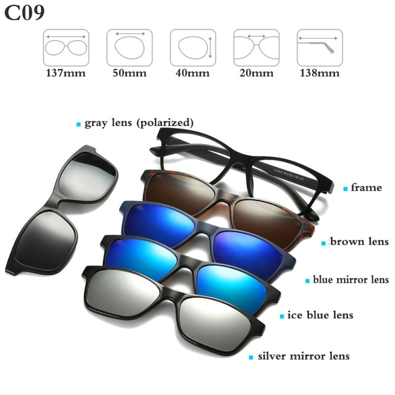 Fashion Optical Spectacle Frame Men Women With 5 Clip On Sunglasses Polarized Magnetic Glasses For Male Myopia Eyeglasses RS159