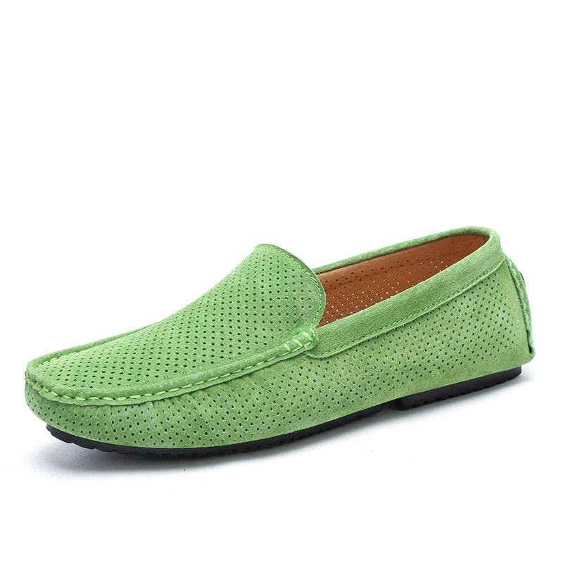 AGSan Summer Men Loafers Genuine Leather Casual Shoes Fashion Slip On Driving Shoes Breathable Moccasins Green Suede Loafers