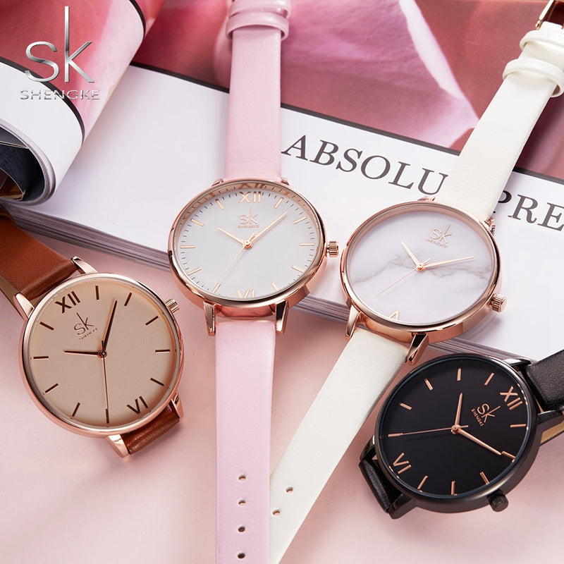 Relojes Shengke para mujer, reloj de pulsera de marca de lujo, reloj de cuero para mujer, reloj de cuarzo Ginebra a la moda para mujer, reloj femenino nuevo SK