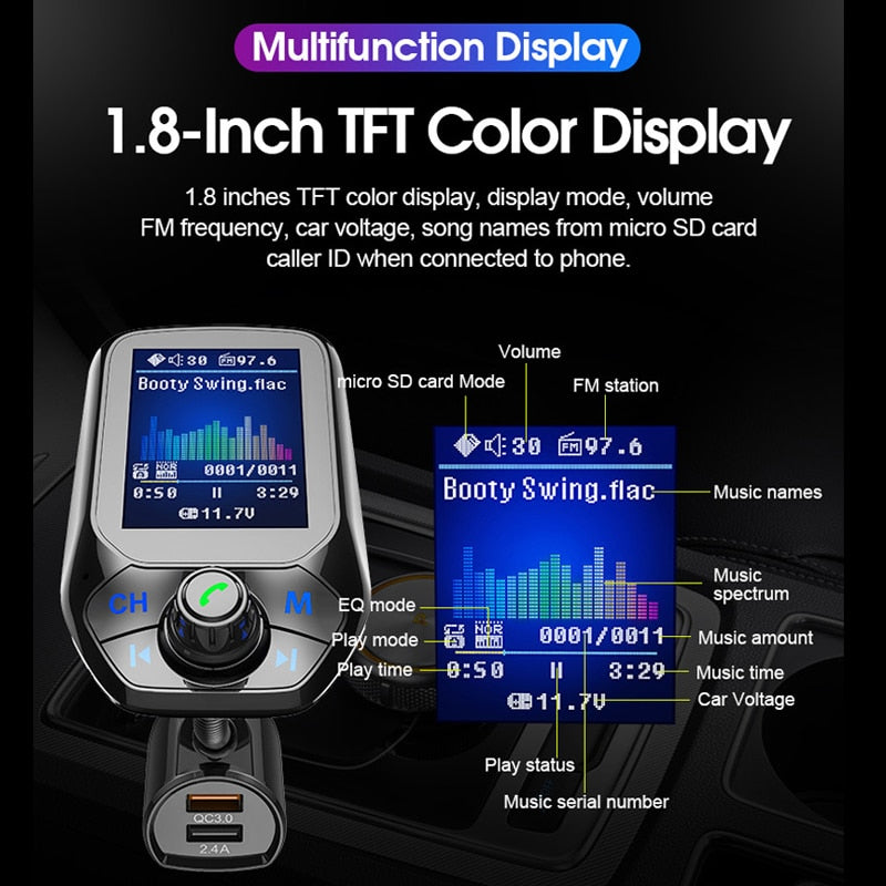 1,8-Zoll-Farbdisplay, Bluetooth-kompatible Freisprecheinrichtung, 3 USB-Anschlüsse, QC3.0, Autoladegerät, FM-Transmitter, Auto-MP3-Musik-Player