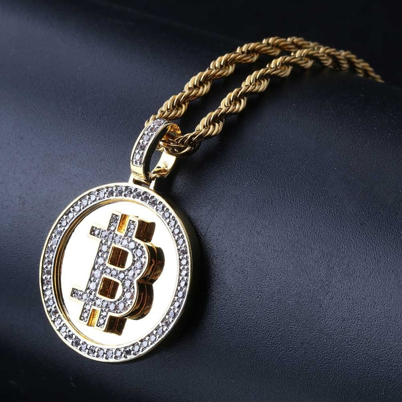 TOPGRILLZ Hip Hop Gold Color Color Plated Iced Out Micro Pave Zirconia Round Bitcoin Pendant Necklace For Men Three Chains