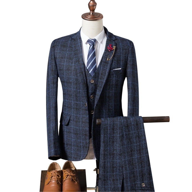 (Jacket + vest + pants) 2019 men&#39;s slim suit, high-end business plaid suit jacket, men&#39;s wedding banquet dress three-piece