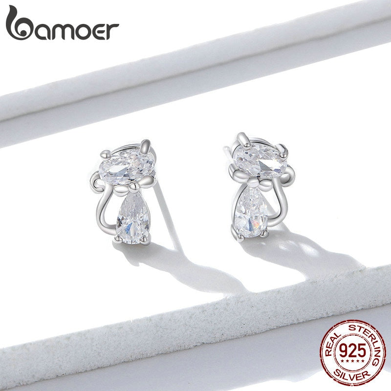 Bamoer Cat Silver Stud Pendientes Plata de ley 925 Clear CZ Lindo Animal Ohrringe Hipoalergénico Mujer Regalo Brincos BSE206