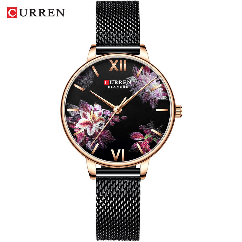 CURREN, nuevos relojes de flores para mujer, pulsera de acero inoxidable, reloj de pulsera, reloj de cuarzo a la moda para mujer, reloj informal para mujer