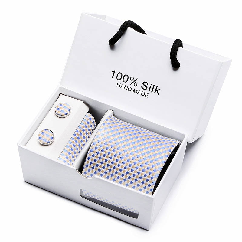 New Design Tie Set With Gift Box Jacquard Woven gravata Silk Tie Hanky Cufflinks Necktie Sets For Wedding Party Men