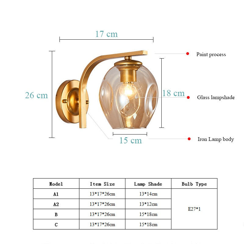 Aplique de color moderno Lámpara de pared Pantalla de vidrio Loft Pasillo interior decorativo Luces de pared LED Accesorios E27 Negro Oro Azul