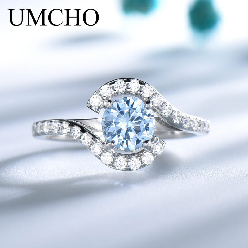 UMCHO Real 925 Sterling Silver Rings For Women Classic Round Created Sky Blue Topaz Gemstone Wedding Valentine&