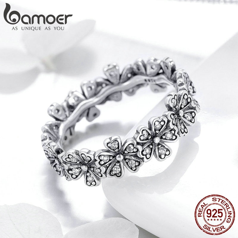 BAMOER 925 Sterling Silver Stacked Daisy Flower Finger Ring Floral Ring for Women Gift Romantic Retro Style Fine Jewelry SCR397