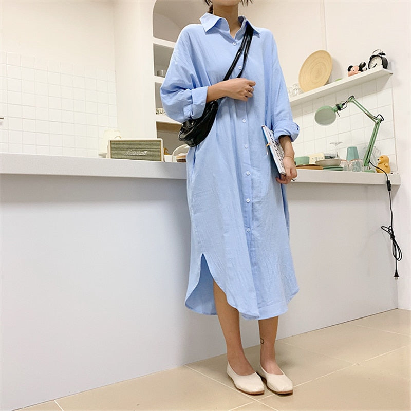 Cotton Women Blouse Shirt Dress Beach Vacation New Linen Cottons Casual Plus Size Womans Long Section Shirt White/Blue