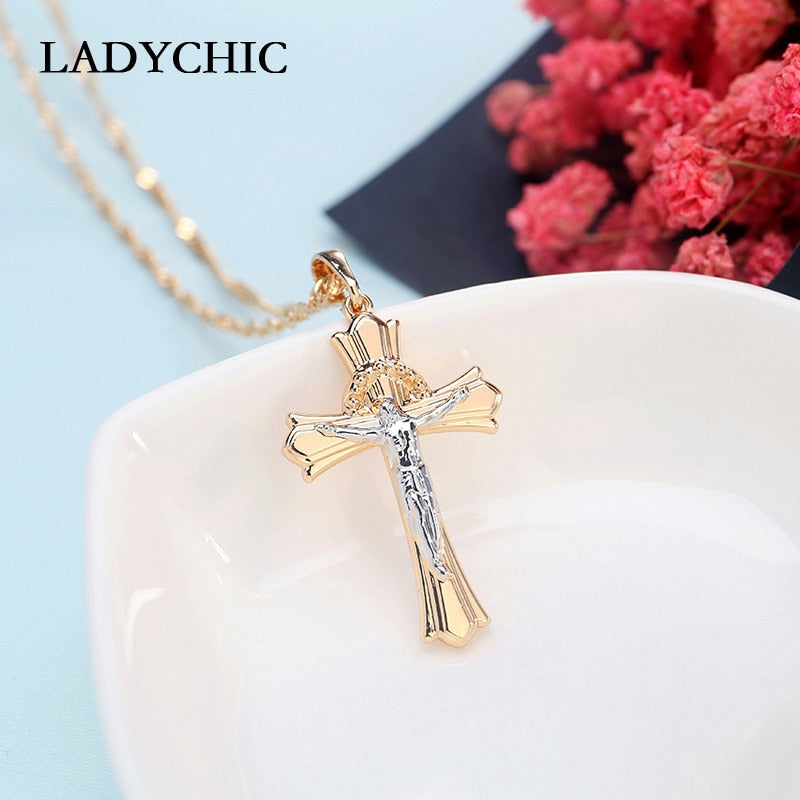 LADYCHIC Crucifix Jesus Gold Cross Necklace for Women Men Classic Christian Cross Pendant Church Accessories Dropshipping LN1069