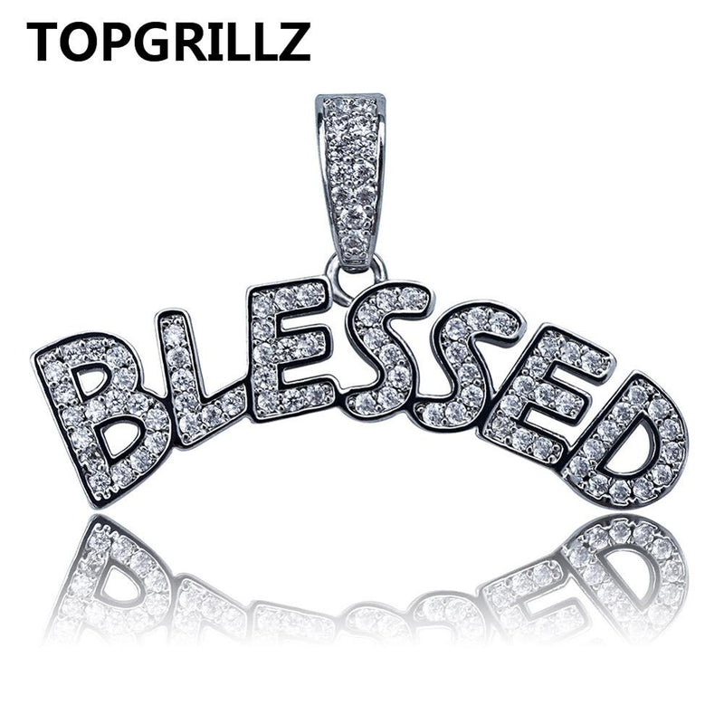 TOPGRILLZ Bubble Letters BLESSED Pendant Necklace Men Women Hip Hop Gold Silver Color Iced Out Cubic Zircon Jewelry Necklace