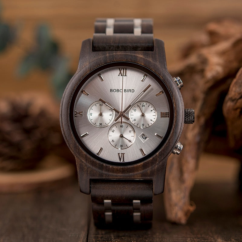 Reloj BOBO BIRD de madera para hombre, relojes cronógrafo de cuarzo con fecha de acero inoxidable, relojes de regalo de lujo para hombre, reloj masculino