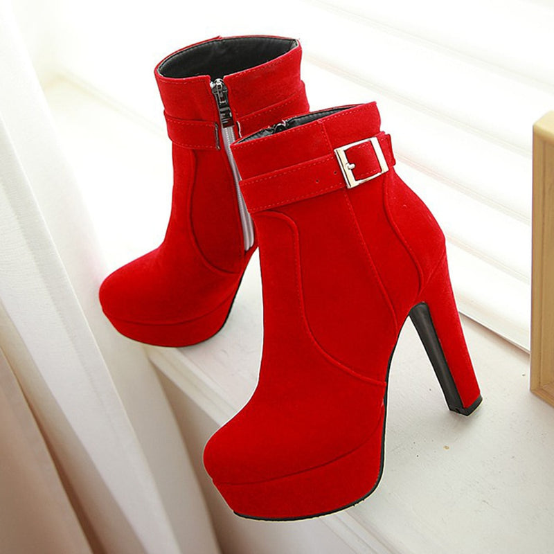 Meotina, botas para mujer, botas para mujer, botas de invierno con hebilla, botines de tacón superalto, plataforma con cremallera, zapatos cortos de tacón grueso para mujer, rojo 33-43