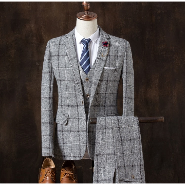 (Jacket + vest + pants) 2019 men&#39;s slim suit, high-end business plaid suit jacket, men&#39;s wedding banquet dress three-piece