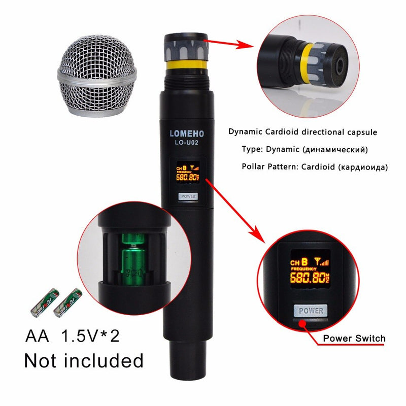 Lomeho 2 micrófono de mano frecuencias UHF cápsula dinámica 2 canales micrófono inalámbrico para sistema de Karaoke LO-U02