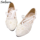 Sorbern Fashion White Wedding Shoes Kitten High Heels Women Pump Heels Patent Leather Lace Appliques Beaded Bridal Shoes 2018