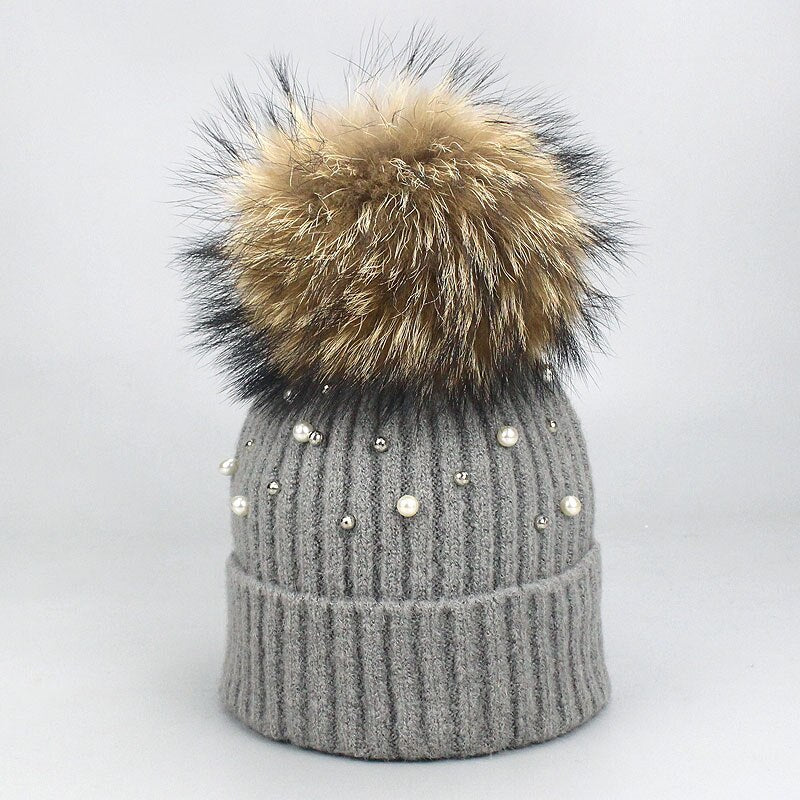 New Wool Beanies Women Real Natural Fur Pom Poms Fashion Pearl Knitted Hat Girls Female Beanie Cap Pompom Winter Hats for Women