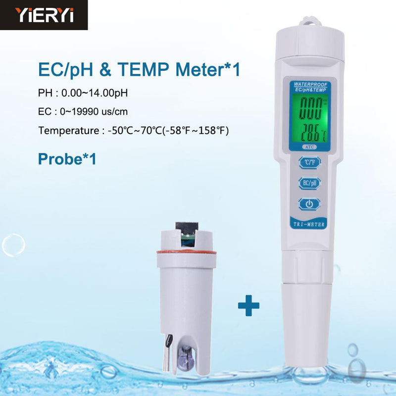 Three-in-one PH-983 EC/PH&TEM Water Quality Tester Pen Backlight Digital Ph Meter&Probe for Aquarium, Swimming Pool, Laboratory