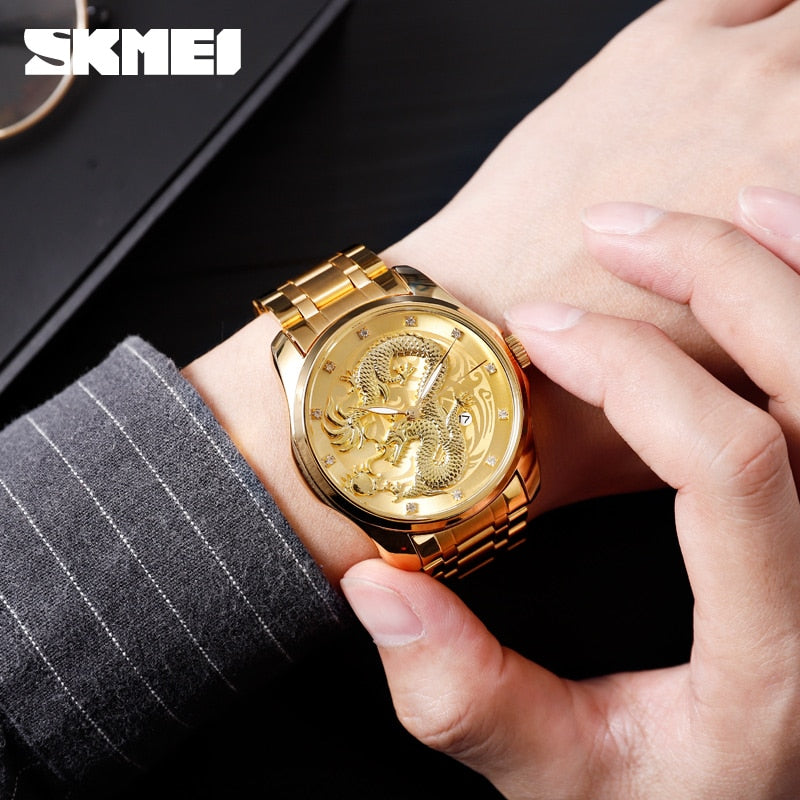 2020 SKMEI lujo dragón chino patrón hombres reloj de cuarzo dorado relojes masculinos relojes de pulsera impermeables Relogio Masculino 9193