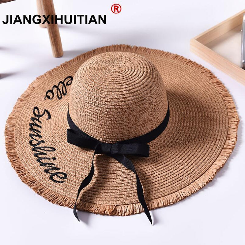 Handmade Weave letter Sun Hats For Women Black Ribbon Lace Up Large Brim Straw Hat Outdoor Beach hat Summer Caps Chapeu Feminino