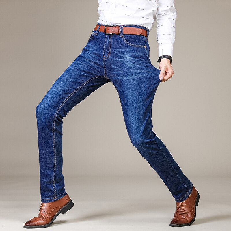 Men's Fashion Business Jeans Classic Style Casual Stretch Slim Jean Pants Male Brand Denim Trousers Black Blue