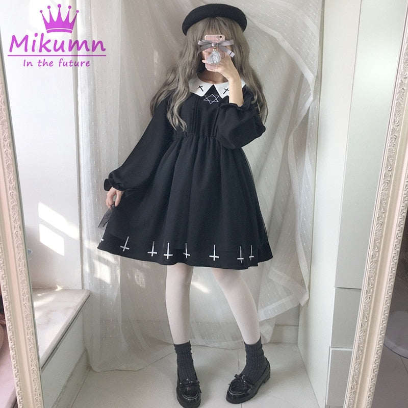 Harajuku Fashion Cross Cosplay Cute Girl Dress Japanese Gothic Style Star Tulle Dress Lolita Kawaii Dresses