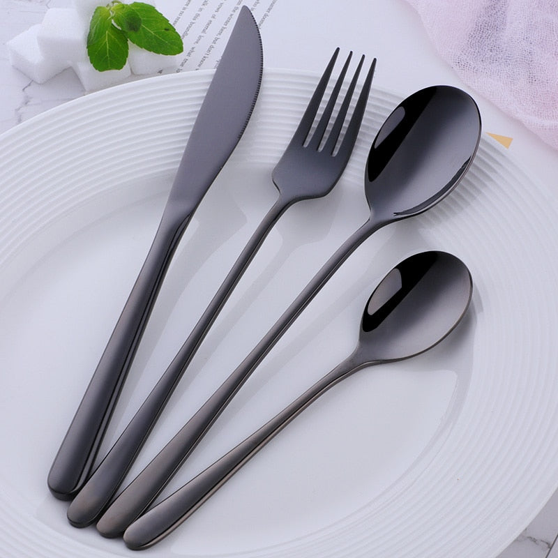 Hot Sale 4 Pcs/Set Tableware Set Stainless Steel Cutlery Long Handle Knife Spoon Fork Sald Spoon Korean Style 8 Colors Flareware