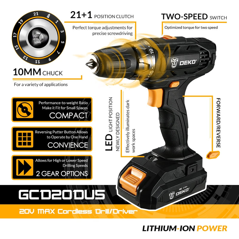 DEKO  GCD20DU5 16/18V 16/18 Volt Max Electric Screwdriver Cordless Drill Mini Power Driver DC Lithium-Ion Battery 2-Speed