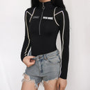 Rockmore Bodycon Long Sleeve Reflective Stripe Zipper Bodysuit Women Letter Printed Ladies Bodysuits Streetwear Autumn Winter