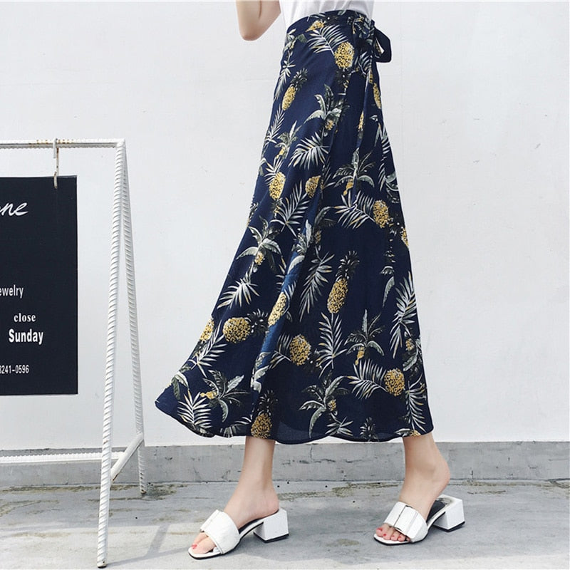 2021 Bohemian High Waist Floral Print Summer Skirts Womens Boho Asymmetrical Chiffon Skirt Maxi Long Skirts For Women