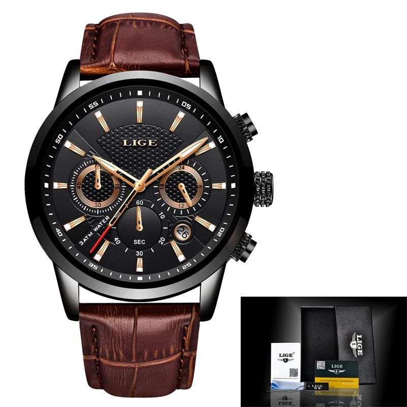 Relogio Masculino Men Watches LIGE Fashion Waterproof Chronograph Top Brand Luxury Quartz Watch Men Casual Leather Sport Watch