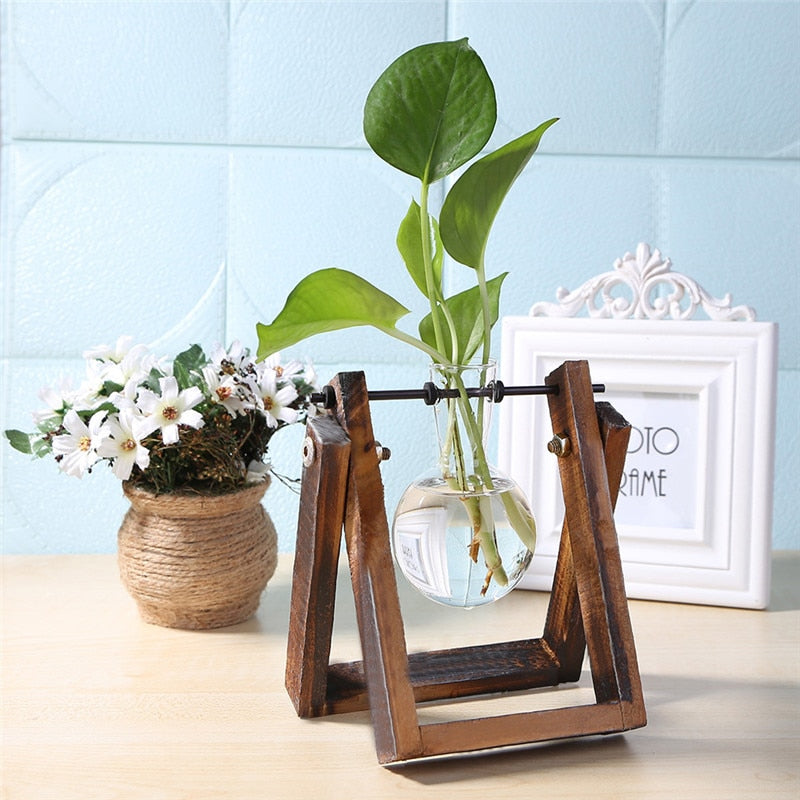 Jarrón de madera de vidrio para terrario, mesa de escritorio, planta hidropónica, bonsái, maceta colgante con bandeja de madera, decoración del hogar