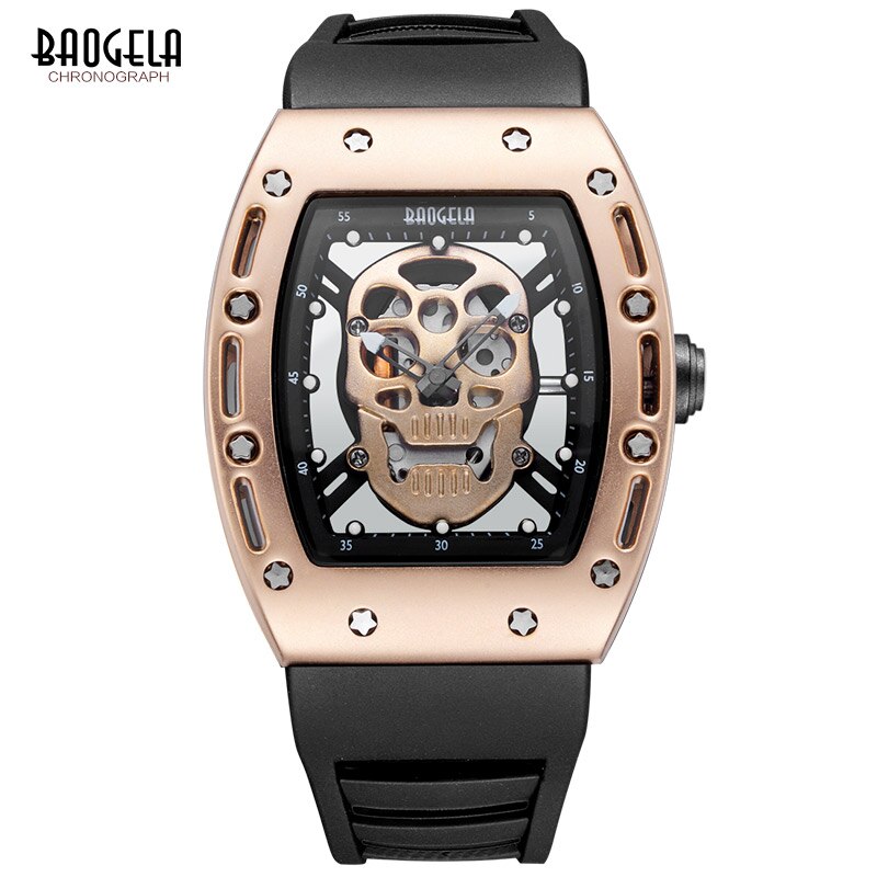 Baogela Fashion Mens Skeleton Skull Luminous Quartz Watches Military Style Black Silicone Rectangle Dial Armbanduhr für Man1612