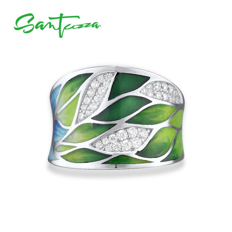 SANTUZZA Silver Rings For Women Genuine 925 Sterling Silver Green Bamboo leaves Luminous CZ Trendy Jewelry Handmade Enamel