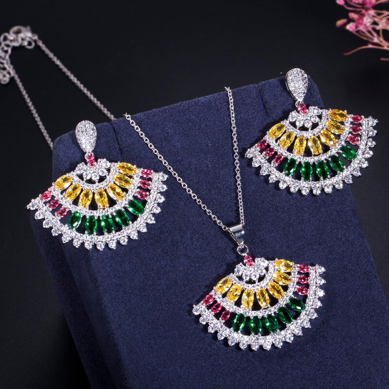 CWWZircons Multi Yellow Green Color Cubic Zirconia Crystal Elegant Spike Fan Necklace and Earrings Women Brand Jewelry Sets T340