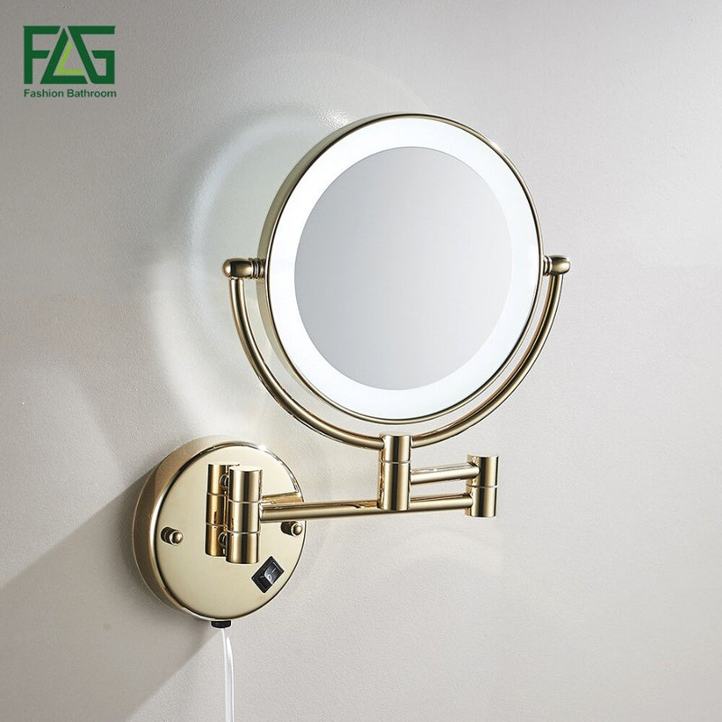 Golden Brass LED Light Makeup Mirrors 8" Round Dual Sides 3X /1X Mirrors Bathroom Cosmetic Mirror Wall Mount Magnifying Mirror