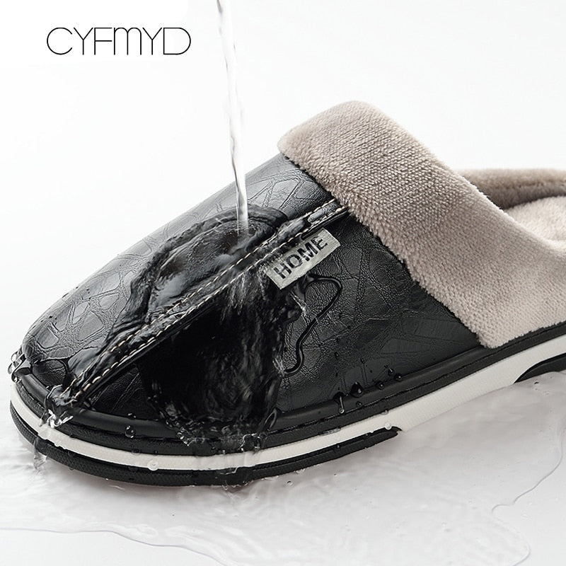 Men slippers leather Home slippers for men Waterproof Warm House slippers Male Fur Slippers Couple Platform Fluffy Big Size 50