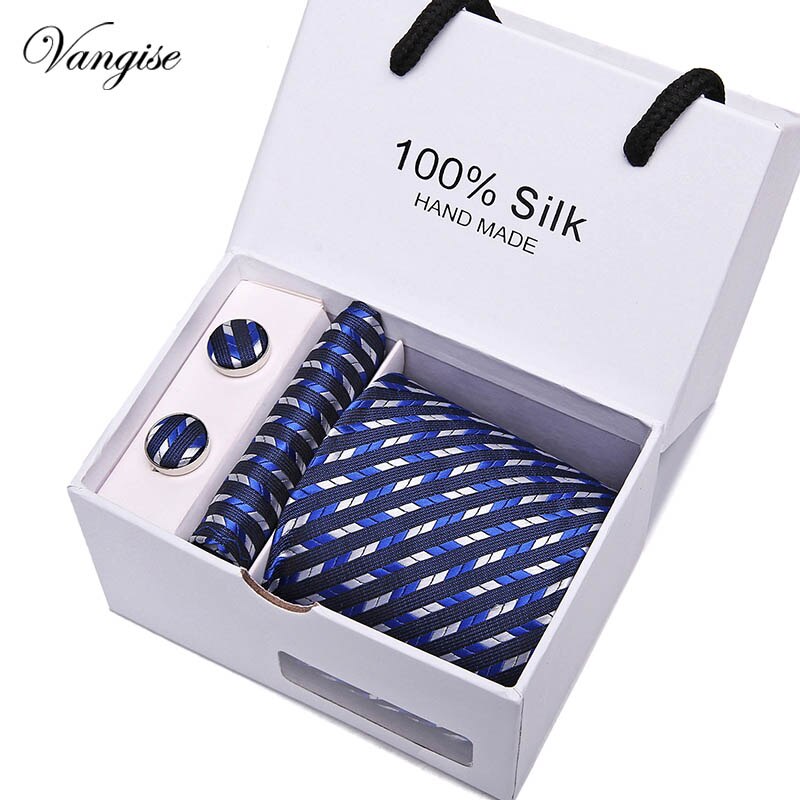 New Design Tie Set With Gift Box Jacquard Woven gravata Silk Tie Hanky Cufflinks Necktie Sets For Wedding Party Men