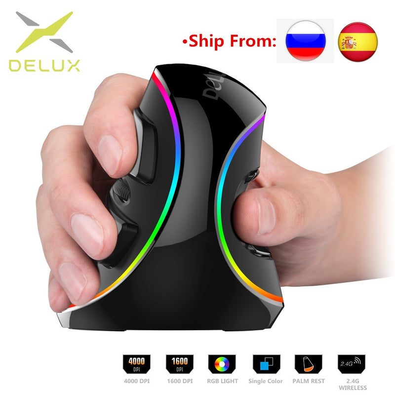 Delux Ergonomics Vertical Gaming Wired Mouse RGB / Color único / Inalámbrico 6 Botones 4000 DPI Ratón óptico RGB Inalámbrico Mano derecha